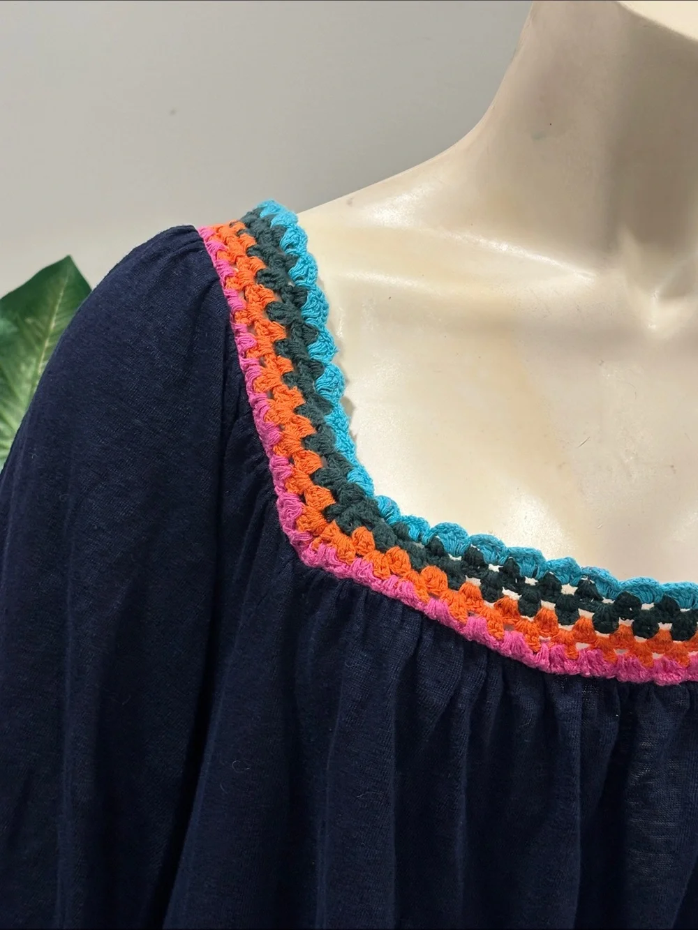 Boden Navy Linen Peasant Top with Crochet-Trimmed Square Neck
